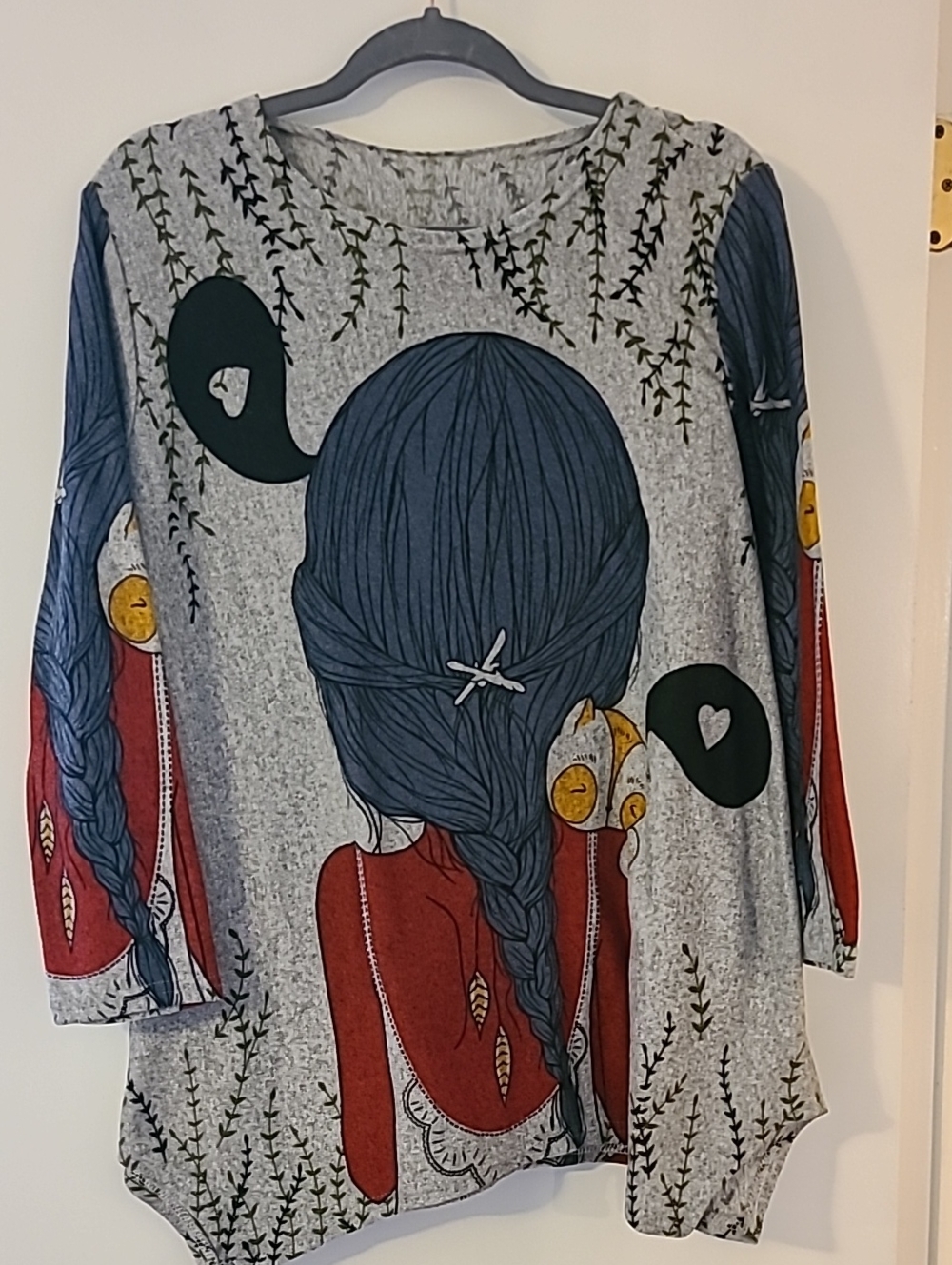 Whimsical Art Girl Cat Graphic Tunic Top Cotton Blend Asymmetrical Tee Quirky